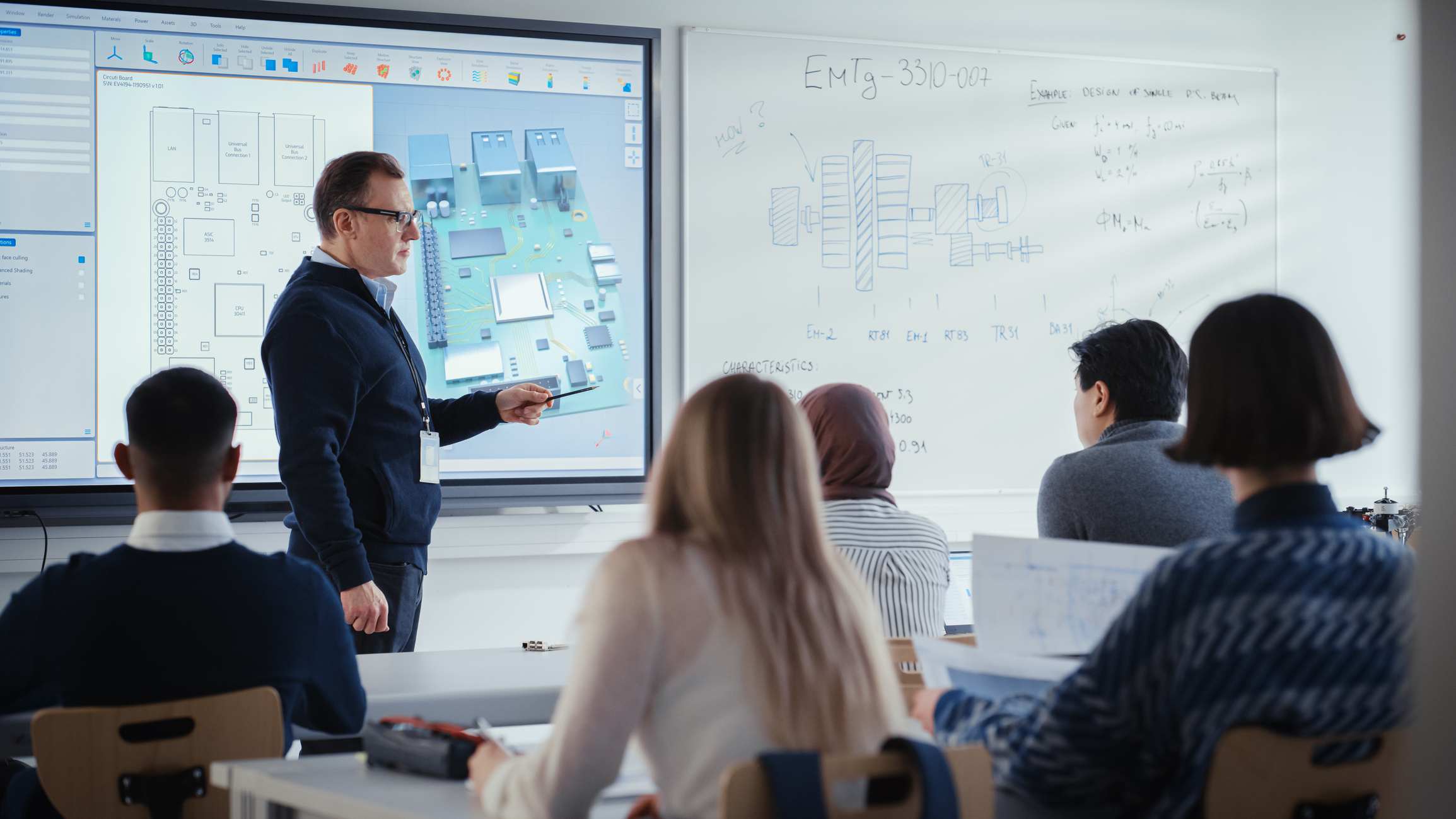 Confident Male Teacher Using Digital Interactive Screen, Talks to Group of Diverse Engineering Students and Showing 3D Printed Circuit Board Model. Education and High Tech TXP Talent. Academy Solutions