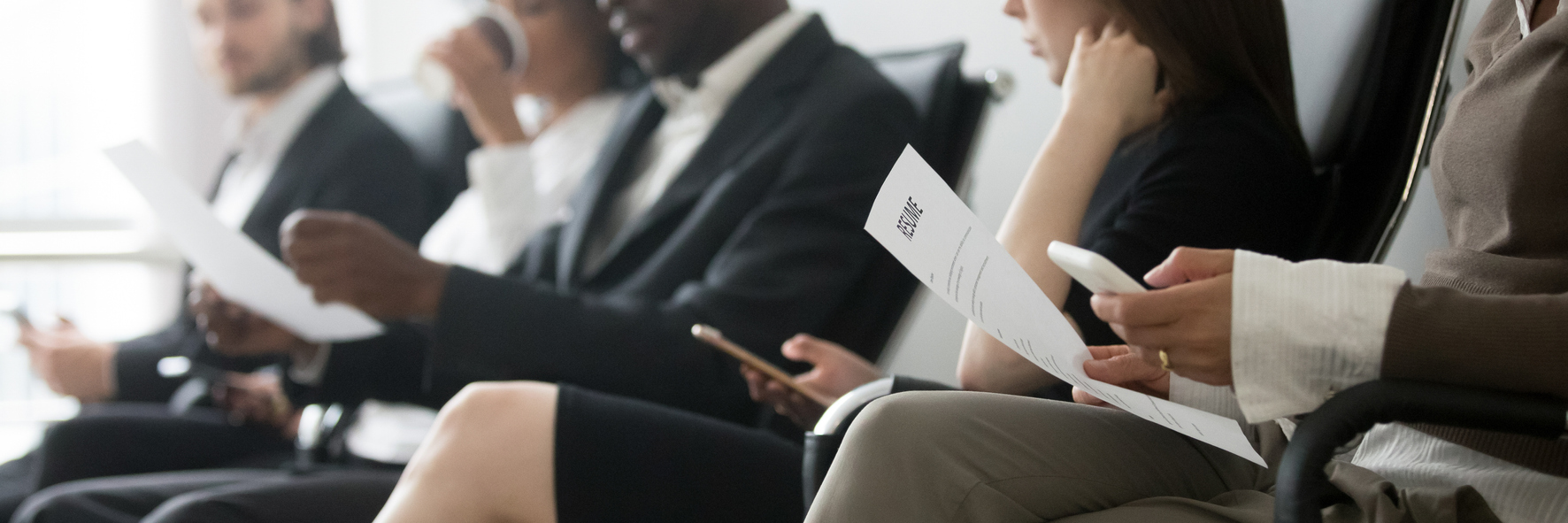 Side horizontal photo multiracial people sitting in queue waiting interview Talent Offering